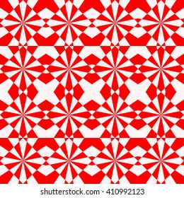 Seamless symmetric geometric ornament. Red white stylized optical prism sunbeam background. Red striped abstract wallpaper. Vector illustration