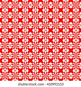 Seamless symmetric geometric ornament. Red white stylized optical prism sunbeam background. Red striped abstract wallpaper. Vector illustration