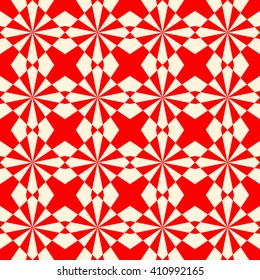 Seamless symmetric geometric ornament. Red white stylized optical prism sunbeam background. Red striped abstract wallpaper. Vector illustration