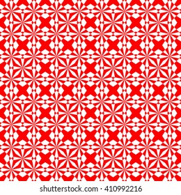 Seamless symmetric geometric ornament. Red white stylized optical prism sunbeam background. Red striped abstract wallpaper. Vector illustration