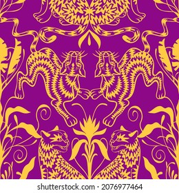 Seamless symmetric geometric pattern. Kaleidoscope style. Mirror reflection. Silhouettes of cheetah, leopard, panther, gepard, wild cat. Art nouveau, rococo, baroque style. Good for wallpaper, textile