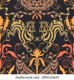 Nahtloses symmetrisches geometrisches Muster. Kaleidoskop-Stil. Spiegelreflexion. Silhouetten von Geparden, Leoparden, Panther, Gepard, Wildkatze. Jugendstil, Rokokoko, Barockstil. Gut für Tapeten, Textilien