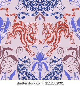 Patrón geométrico simétrico e inquebrantable. Estilo caleidoscopio. Reflexión espejo. Silhouettes de chita, leopardo, pantera, gepard, gato salvaje. Art Nouveau, rococó, estilo barroco. Bien por papel de pared, textil