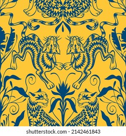 Seamless symmetric geometric pattern. Kaleidoscope style. Mirror reflection. Silhouettes of cheetah, leopard, panther, gepard, wild cat. Art nouveau, rococo, baroque style. Good for wallpaper, textile