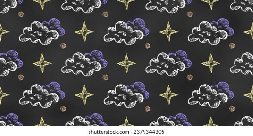 Seamless Symmetric Grunge Pattern of Chalk Drawn Sketches Clouds and Stars on Chalkboard Backdrop. 
Continuous Background of Crayon-Drawn Sky Symbols on Dark Blackboard.