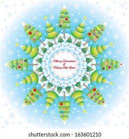 seamless symmetric pattern of Christmas tree with blue background, snowflakes and holiday toys