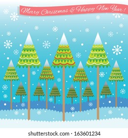 seamless symmetric pattern of Christmas tree with blue background, snowflakes and holiday toys