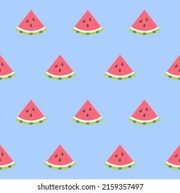 Seamless symmetric pattern with pieces of watermelon on a blue background. Fruity summer pattern. Vector illustration