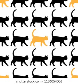 seamless symmetric pattern with   silhouettes of walking black and orange cats isolated on white. Vector flat animal ormament. 