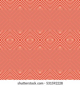 Seamless symmetric shapes abstract. Rhombuses and semicircles surface pattern design. Geometric red figures on yellow background. Striped wallpaper. Digital paper for web design. Vector illustration