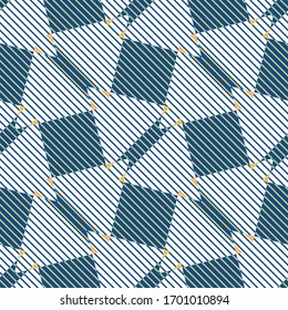 Seamless symmetrical abstract geometric pattern with contrast colours. Vector illustration in yellow, classic blue and white. Triangle and square based shapes with line texture. Tessellation.