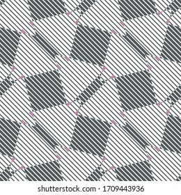 Patrón geométrico abstracto simétrico y transparente con colores de contraste. Ilustración vectorial en blanco y gris con textura de línea.