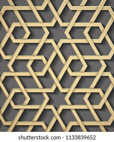 Seamless symmetrical abstract vector background in arabian style made of emboss geometric shapes with shadow. Islamic traditional pattern. Gold and grey colors.