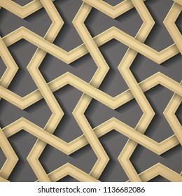 Seamless symmetrical abstract vector background in arabian style made of emboss geometric shapes with shadow. Islamic traditional pattern. Gold and grey colors.