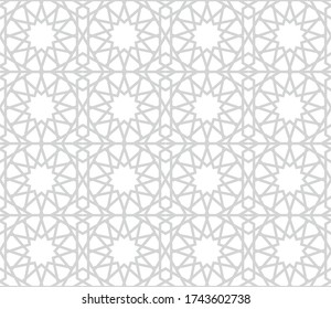 Seamless symmetrical abstract vector background in arabian style made of geometric shapes. Islamic traditional pattern. Grey and white colors.
