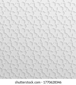 Seamless symmetrical abstract vector background in arabian style made of emboss geometric shapes with shadow. Islamic traditional pattern. White color.