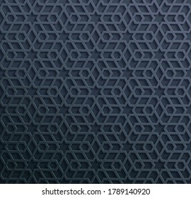 Seamless symmetrical abstract vector background in arabian style made of emboss geometric shapes with shadow. Islamic traditional pattern. Blue color.