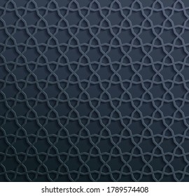 Seamless symmetrical abstract vector background in arabian style made of emboss geometric shapes with shadow. Islamic traditional pattern. Blue color.