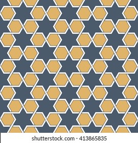 Seamless symmetrical abstract vector background in arabian style made of emboss geometric shapes with shadow. Islamic traditional pattern.