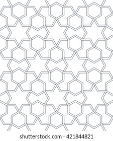 Seamless symmetrical abstract vector background in arabian style made of geometric shapes. Islamic traditional pattern. Black and white colors.