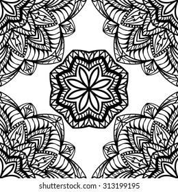 Seamless, symmetrical black pattern on a white background. Oriental ornament of mandalas. The pattern for embroidery.