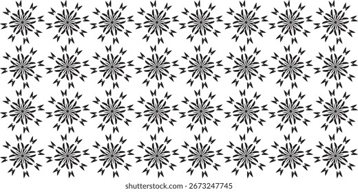 Un patrón en blanco y negro simétrico y sin costuras que presenta estallidos estelares abstractos repetitivos o motivos geométricos similares a copos de nieve dispuestos en una cuadrícula.