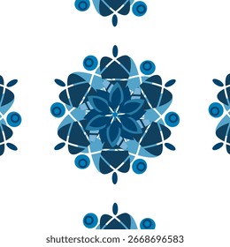 Um padrão floral azul simétrico e sem costura em um fundo branco, perfeito para têxteis, papel de parede ou impressões digitais. Resumo.