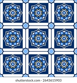 seamless symmetrical, geometric mediterranean ceramic, porcelain tiles design pattern and background vector illustration