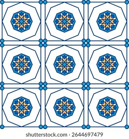 seamless symmetrical, geometric mediterranean ceramic, porcelain tiles design pattern and background vector illustration