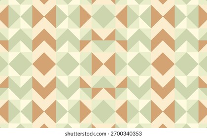 A seamless, symmetrical geometric pattern featuring triangles and diamonds in calming earth tones: sage green, terracotta, and soft beige. This repeating Southwestern Aztec-style background. 