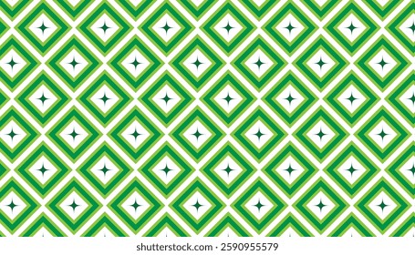 Seamless symmetrical geometric pattern of rhombus shapes in green and white colors. Each rhombus has several layers of green lines of varying intensity, creating a layered effect