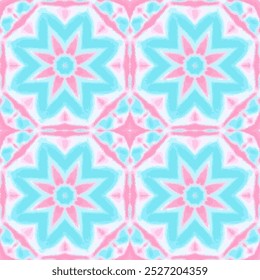 Seamless symmetrical kaleidoscope pattern. Central star-shaped design. Soft pink and blue tones. Swirling, overlapping elements. Stained glass-like appearance. Watercolor-style.