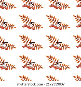 Seamless symmetrical pattern with berries and mountain ash leaves on a white background