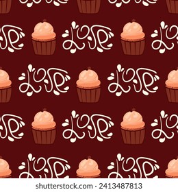 Seamless symmetrical pattern with coffee cupcakes and lettering love on brown background. Cute cupcake and lettering pattern for wrapping paper, coffee shops, bakeries and restaurants