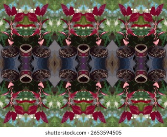 Um padrão contínuo e simétrico com folhas maroon vibrantes Coleus (Miana Iler) em pequenos vasos decorativos. O design espelhado cria um motivo visualmente rico e botânico, perfeito para uso