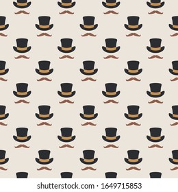 Seamless symmetrical pattern in retro style. Vintage men's top hat and mustache in hipster style. Suitable for packaging paper, bags, background.