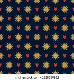 Seamless symmetrical pattern of snowflakes and hearts.  Background for 

wrapping paper.  Vector
