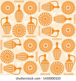 Seamless symmetrical pattern of three amphorae and plates. Dishes in Greek, Asian style. Egyptian motives. For printing on textiles, t-shirts, Wallpaper. For templates, cards and web design, mockup.