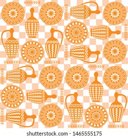 Seamless symmetrical pattern of three amphorae and plates. Dishes in Greek, Asian style. Egyptian motives. For printing on textiles, curtains, Wallpaper. For templates, cards and web design, mockup