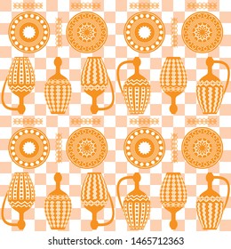 Seamless symmetrical pattern of three amphorae and plates. Dishes in Greek, Asian style. Egyptian motives. For printing on textiles, curtains, Wallpaper. For templates, cards and web design, mockup