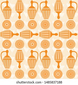 Seamless symmetrical pattern of three amphorae and plates. Dishes in Greek, Asian style. Egyptian motives. For printing on textiles, curtains, t-shirts, Wallpaper. For templates, cards, web design