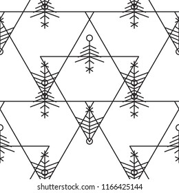 Seamless symmetrical pattern with a triangles, thin black lines, white background