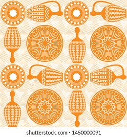 Seamless symmetrical pattern of two amphorae and plates. Dishes in Greek, Asian style. Egyptian motives. For printing on textiles, curtains, t-shirts, Wallpaper. For templates, cards and web design.