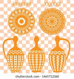 Seamless symmetrical pattern of two amphorae and plates. Dishes in Greek, Asian style. Egyptian motives. For printing on textiles, curtains, t-shirts, Wallpaper. For templates, cards and web design.