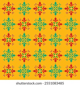 A seamless, symmetrical pattern with vibrant green, red, and yellow floral motifs arranged on a warm orange background, creating a festive and eye-catching design.
