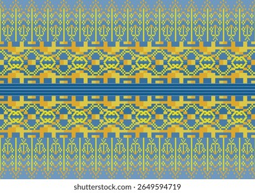 Seamless symmetrical pixel-art textile patterns yellow tones with blue dark to light gradients background inspired by traditional embroidery, featuring geometric, floral, and folk motifs in distinct.