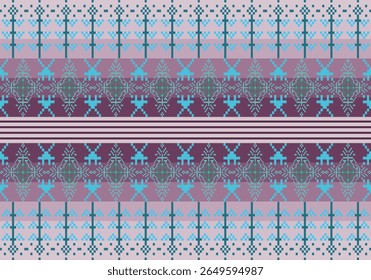 Seamless symmetrical pixel-art textile patterns cool tones with violet dark to light gradients background inspired by traditional embroidery, featuring geometric, floral, and folk motifs in distinct.