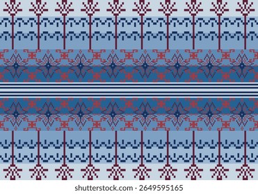 Seamless symmetrical pixel-art textile patterns brown tones with blue dark to light gradients background inspired by traditional embroidery, featuring geometric, floral, and folk motifs in distinct.