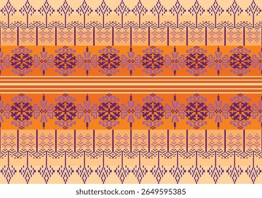 Seamless symmetrical pixel-art textile patterns violet tones with yellow dark to light gradients background inspired by traditional embroidery, featuring geometric, floral, and folk motifs in distinct