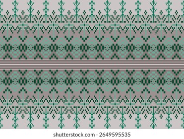 Seamless symmetrical pixel-art textile patterns green tones with grey dark to light gradients background inspired by traditional embroidery, featuring geometric, floral, and folks motifs in distinct